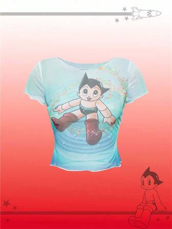 Astro Boy X ROMWE Camiseta de mujer de manga corta con gráfico de figura de dibujos animados, sexy y linda