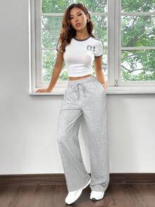 SHEIN EZwear 女士休闲宽松直筒运动裤，灰色 - 淺灰色 - 查看 3