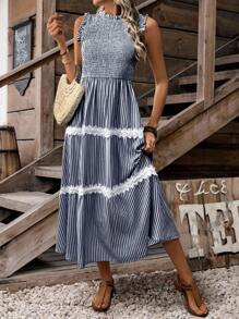LanaWest 度假休闲条纹蕾丝边无袖连衣裙 - 藏蓝色 - 查看 5