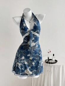 Elamini 女式复古印花 V 领系带荷叶边下摆迷你连衣裙，春夏 - 藏蓝色 - 查看 3