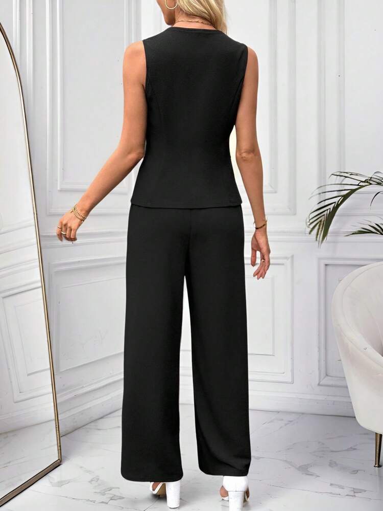 Women's Solid V-Neck Button Front Sleeveless Vest And Slit Pocket Wide Leg Pants Casual Suit Women Two Pieces Outfits For Daily Wear Printed Pants Boho Pants Lounge Sets For Women Tracksuit Set Women Fall Women Clothes Fall Fall Clothes For Women Fall Tops Women's Fall Clothes Autumn Clothes Going Out Tops Women Summer Tops Going Out Tops Basic Tops Fall Tops Going Out Top Work Blouses For Women Cute Summer Tops Flowy Tops