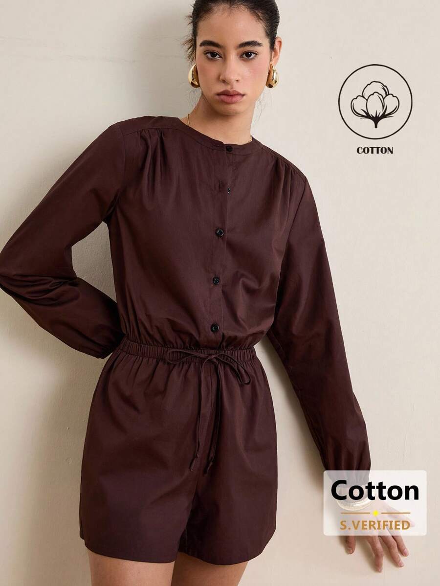 INAWLY Casual Solid Color Waist Cinched Romper Fall Cloth For Women - Brown - View 1