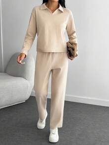 SHEIN Tall Großgrößen-Set mit Oversized T-Shirt mit Umschlagkragen und Hose - Beige - Übersicht 5