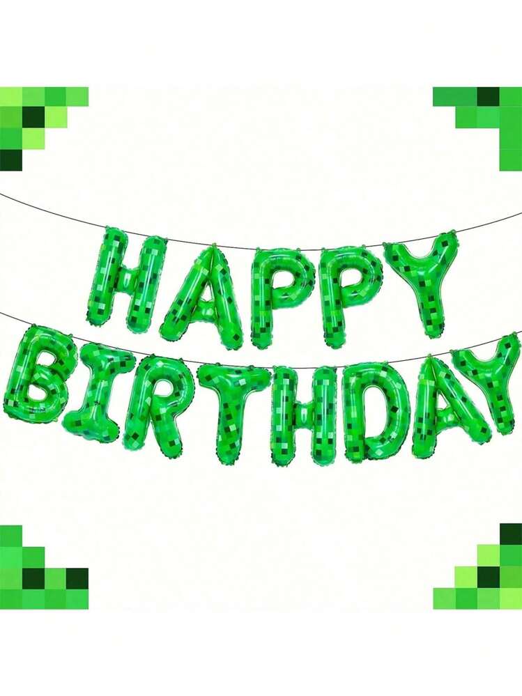 13pcs Pixel Happy Birthday Banner, Party Decorations Foil Balloons Letters Signs, Birthday Party Supplies - Multicolor - View 1