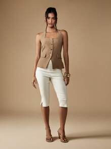 MISSGUIDED Halter Neck Waistcoat With Gold Button Detail Elegant Professional Office Wear Slim Fit Vest Business Formal Sleeveless Top Party Evening Wear - Khaki - View 3