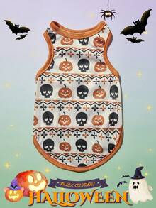 PETSIN 1pc Pet Cat & Dog Sleeveless Vest With Pumpkin & Skull Isle Print, Breathable & Lightweight, Apricot - Multicolor - View 3