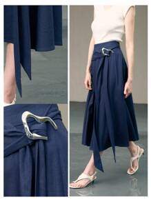 Uhlyne 优雅休闲亚麻系带长裙 - 藏蓝色 - 查看 5