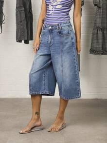 COUREZ 低腰蓝色水洗牛仔短裤/Y2K风格外出穿搭 可爱性感度假装扮 女款 - 中等水洗藍 - 查看 6