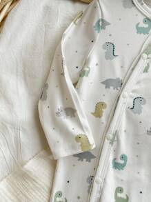 儿童新生儿男孩卡通恐龙印花圆领长袖前开扣柔软舒适连脚连体衣 - 米色 - 查看 3