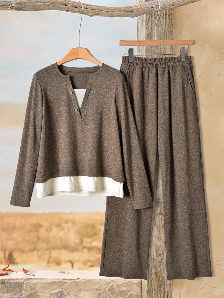 2枚セット レディース カジュアル パッチワーク コントラストカラー トップス&パンツ セット ブラウン 2ピースセット レディース 快適 2ピースセット レディース 2ピース ラウンジウェア 2ピース パジャマセット FALL