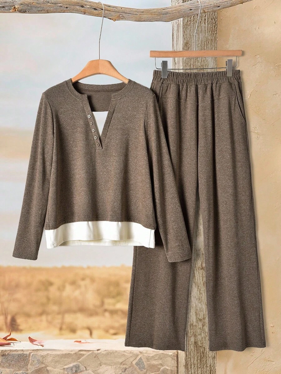 Rusticease 2 件套女士休闲拼布撞色上衣和裤子套装棕色两件套女士两件套女士舒适两件套女士两件套休闲套装两件套睡衣套装秋季 - 棕色 - 查看 1