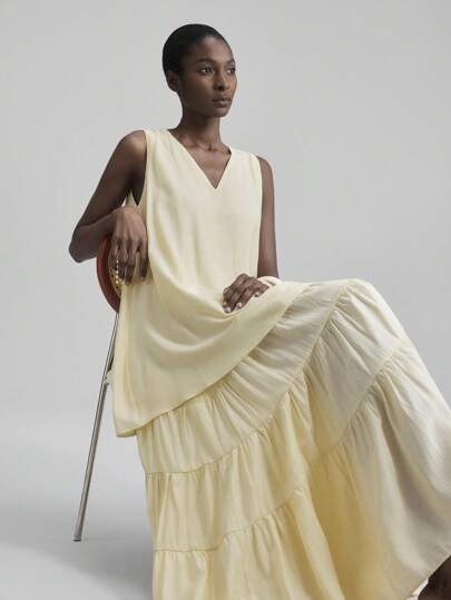 Ontre 2025 秋季二合一连衣裙、乡村音乐节、度假风格、亚麻混纺、喇叭形、女式长裙、褶饰设计、无袖、V 领、分层连衣裙、度假装、女式优雅长裙、度假连衣裙、女式休闲长裙、夏威夷风格女式秋季连衣裙