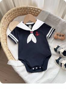 Newborn Baby Boy/Girl Casual Everyday Interesting Campus Sailor Collar Bodysuit, Short Sleeve, Suitable For Spring & Summer - Blue - View 1