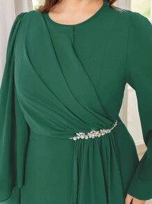 Modelyn 大码女式优雅水钻装饰修身腰部圆领派对连衣裙 - 綠色 - 查看 3