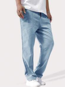 Manfinity Homme 秋季男士宽松纯色抽绳腰直筒裤 - 淺藍色 - 查看 4