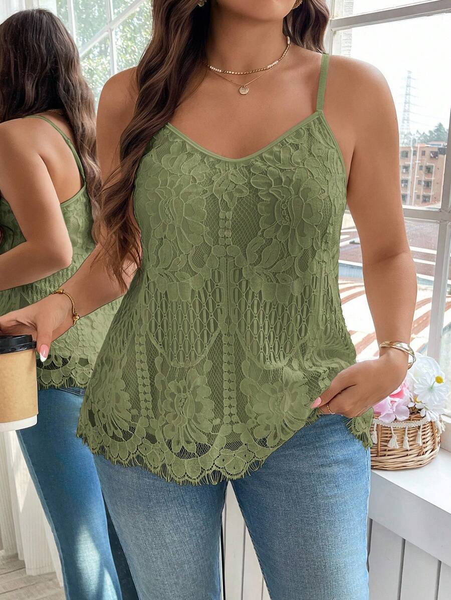 Reflora Camiseta de tirantes de encaje de unicolor informal de talla grande