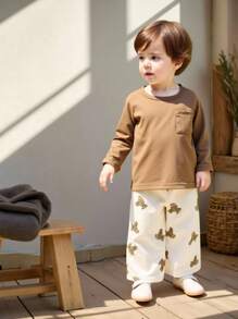 SHEIN Vintaside Kids 2 Stücke Kleinkind Jungen Set aus Cartoon Tier Muster Langarm T-Shirt und Lässig Hose, bequeme Outfit für Frühling/Herbst
