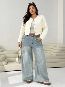 SHEIN EZwear 大码女式长袖单排扣休闲大衣 - 杏色 - 查看 4