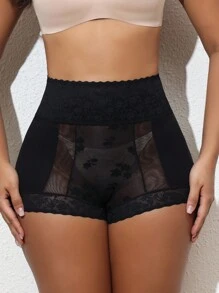 SHEIN Calça modeladora de renda retalhos feminina, elegante, sexy e confortável - Preto - Visão 4