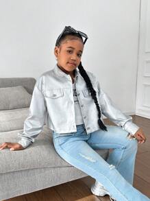 SHEIN 青少年女孩时尚休闲翻领口袋金属纽扣前 PU 短夹克 - 銀色 - 查看 3