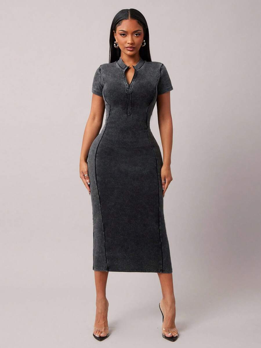 SHEIN SXY 女士修身中长款夏季连衣裙 - 黑色 - 查看 1