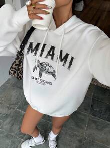 Attitoon Turtle Miami Graphic Hoodie, Casual Seaside Style, Loose Fit Thick Sweatshirt For Women, Back To School Fall Autumn And Winter Back To School - White - View 5
