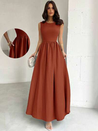 Firerie Women's Blue Cinched Waist A-Line Maxi Dress, Suitable For Valentine's Day, Concerts, Performances, Dates, Parties, Weddings, Sexy, Elegant, Work, Back To School, Vacation, Beach, Romantic