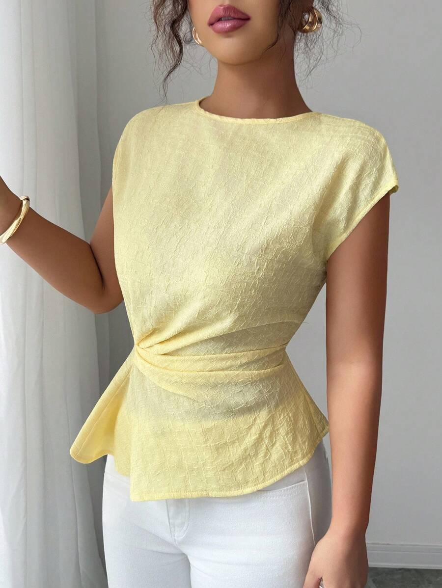 Elenzga 优雅简约不对称腰部设计浅黄色纯色面料女式上衣 - 黃色 - 查看 1