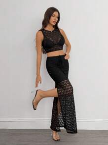 SHEIN Tall Women's Vacation Knit Crochet Vest And Split Hem Skirt Set, Bohemian Style For Music Festival - Black - View 4