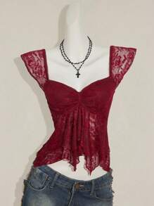 SHEIN ICON Women's Ruched Front Fitted Sexy Lace Patchwork Cap Sleeve Backless Casual Vacation Cropped Camisole Burgundy Lace Top - Burgundy - View 5