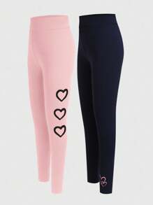 2 piezas/Set de Leggings para niñas, combinación minimalista de negro y rosa con estampado de corazón, mallas de longitud completa cómodas para niñas preadolescentes. La combinación de negro y rosa hace que este conjunto de leggings sea talla grande versátil, permitiendo que las niñas mayores elijan libremente según las diferentes ocasiones o estados de ánimo. El patrón de estampado de corazón agrega un toque de juguetona infantilidad, haciendo que la usuaria exude un encanto adorable. Moda de regreso a la escuela para niñas preadolescentes en otoño e invierno - Multicolor - Ver 4