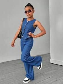 Nova Glow Tween 女孩春夏休闲街头时尚纯色 V 领无袖背心和宽松直筒裤牛仔两件套、夏季海滩波西米亚风度假短裤、夏季音乐会节日休闲狂欢装、女孩夏季早午餐毕业装 - 深色水洗藍 - 查看 4