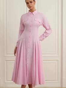 GENKIRA French Retro Waist Flared Split Hem Plaid Shirt Collar Long Sleeve Dress For Women Fall Cloth For Women - Pink - View 3