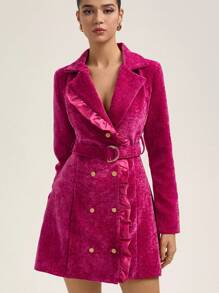 Aveloria Rosie Commuter Ruffle Trim Suit Skirt With Belt, A-Line Collared Long Sleeve Dress Fall Cloth For Women - Hot Pink - View 3