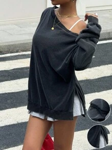 Muchica Fall Clothes Back To School Homecoming  Casual  Black Batwing Sleeve Loose Sweatshirt - Black - View 3