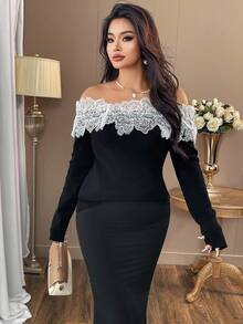 SHEIN Clasi Pull ajusté à épaules dénudées avec patchwork en dentelle et blocs de couleurs, grande taille - Noir - Voir 4