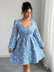 Elenzga Váy dài tay vải jacquard kiểu Pháp thường ngày cỡ lớn dành cho nữ, mặc dự tiệc - Màu xanh lam - Xem 6