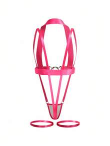 Fantasy Costume 女式性感粉色金属环装饰无袖紧身衣服装 - 玫紅色 - 查看 6