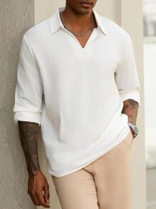 Manfinity Homme Men's V-Neck Long Sleeve Square Sword Collar Loose Fit Shirt Men Cotton Shirt White V Neck Top Men Men White Long Sleeve Shirt