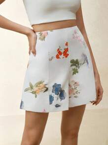 Anewsta 女士花卉印花高腰宽松休闲度假短裤 - 白色 - 查看 4