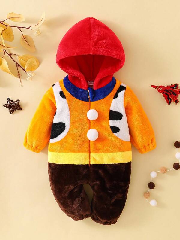 SHEIN Newborn Cow Print Color Block Hooded Long Sleeve Jumpsuit