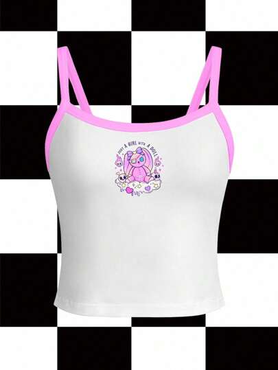 Lemon Design Women's Y2K Style Contrast Trim Cartoon Print Slim Fit Camisole, Summer Suitable For Going Out