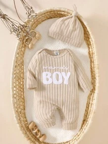 SHEIN Combinaison à manches longues et chapeau pour bébé unisexe nouveau-né, imprimé de lettres, confortable et décontracté. Convient pour toute occasion en automne et en hiver - Kaki - Voir 3