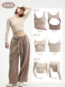 Easify SHEIN Sport Premium Damen 3-teiliges Set aus Langarm Crop Top und Crop Camisole Top für Sport