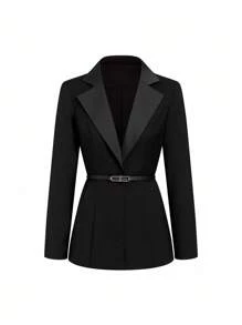 Ellevyn 女士休闲简约缺口领薄款西装外套，适合通勤 - 黑色 - 查看 7