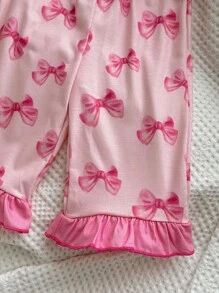 Baby Girls Sweet And Simple Bow Pattern Lapel Buttoned Ruffles Decoration Long Sleeves And Long Pants Comfortable Skin-Friendly Knitted Pajamas Set Two Pieces - Baby Pink - View 11