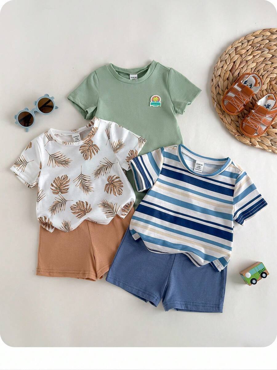 6 件套男婴夏季休闲度假海滩风格树叶和条纹印花 T 恤和短裤套装 - 彩色 - 查看 1