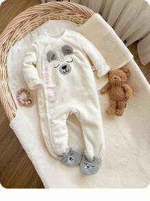 Newborn Baby Boy Autumn/Winter Cute Cartoon Embroidery 3D Ear Snap Front Cozy Plush Fleece Footed Romper Jumpsuit Outfit - White - View 1