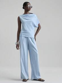 Ontre 2 件套女士不对称短袖宽松上衣和裤子套装，都市通勤，优雅舒适，简约时尚，适合城市聚会、海岛派对、度假、海岛音乐节、教师节、商务休闲 - 藍色 - 查看 4