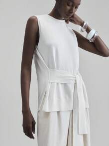 Ontre 2025 New Women's Clothing, Autumn/Winter Apparel, All Season Wear, Winter Clothing, Back To School Outfits, Halloween & Christmas, Women's Teacher Attire, Outerwear, Night Out Dresses, Wedding Guest Dresses, Elegant Wedding Guest Outfits, Church Attire, Women's Business Casual, Versatile Commuter Fashion, Office Tea Party, Independence Day Office Looks, Summer 2025 Solid Color Knotted Waist Side Slit Hem Sleeveless Knit Top - White - View 6